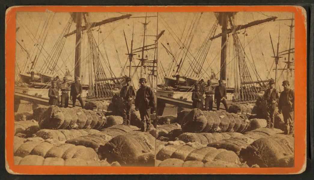 African-American longshore men and bales of cotton on the dock, by Havens.
