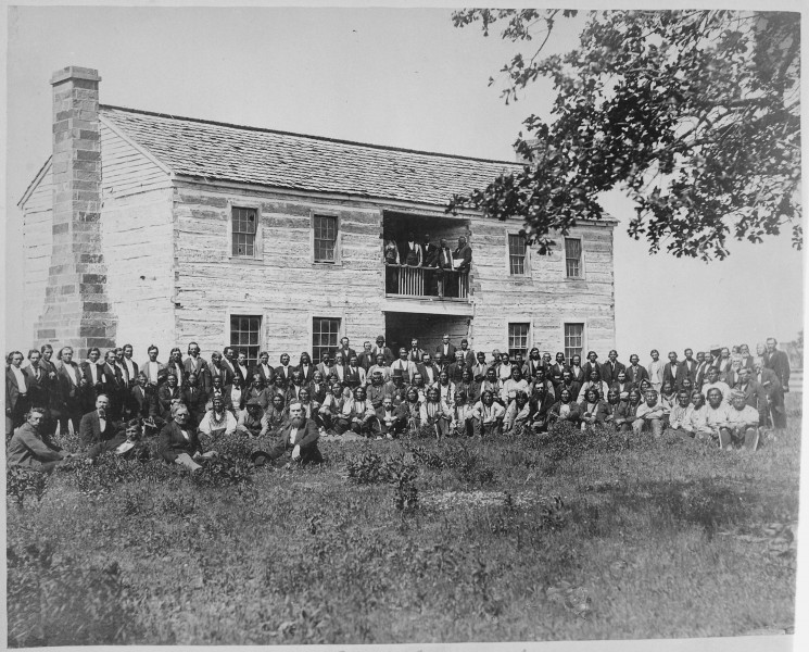 Delegates from 34 tribes in front of Creek Council House, Indian Territory, 1880 - NARA - 519141