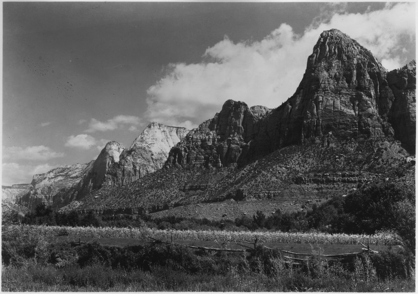 East side Zion Canyon from just north of Springdale, Utah. Bridge Mountain, right. - NARA - 520363