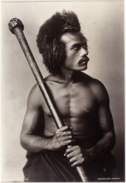 Fijian man holding a club, photograph by Burton Brothers, 1884, albumen print