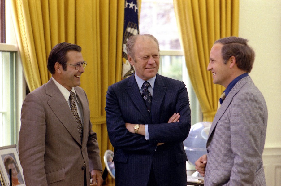 Ford meets with Rumsfeld and Cheney, April 28, 1975