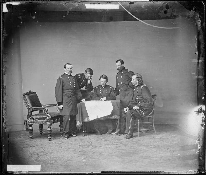 Gen. Phillip H. Sheridan, and Generals recognized., Gen. George A. Custer, Gen. Thomas C. Devin, Gen. James W.... - NARA - 528308