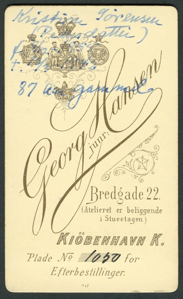 Georg Hansen junr. Bredgade 22 Atelieret er beliggende i Stueetagen Kiöbenhavn K. H & P Sörensen Kristin 1855 1942 adress site