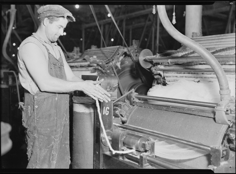 High Point, North Carolina - Textiles. Pickett Yarn Mill. Cards - piecing up ends card operative - showing man and... - NARA - 518505