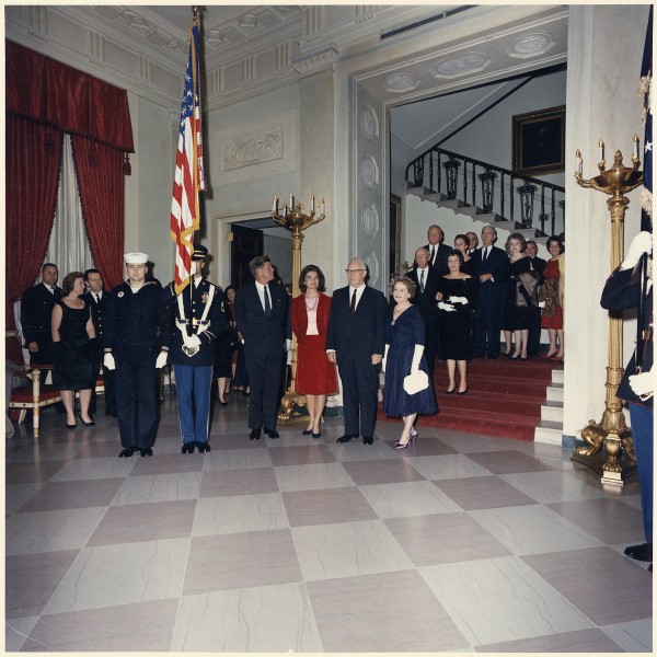 Judicial Reception. Color Guard, President Kennedy, Mrs. Kennedy, Chief Justice of the Supreme Court Earl Warren... - NARA - 194233