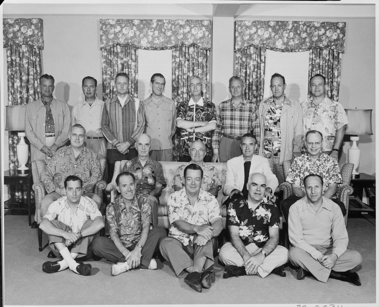 Photograph of President Truman with members of his official party (many attired in Hawaiian shirts), on vacation in... - NARA - 200549