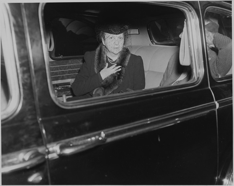 Photograph of Secretary of Labor Frances Perkins in an automobile, apparently at the White House shortly after... - NARA - 199065