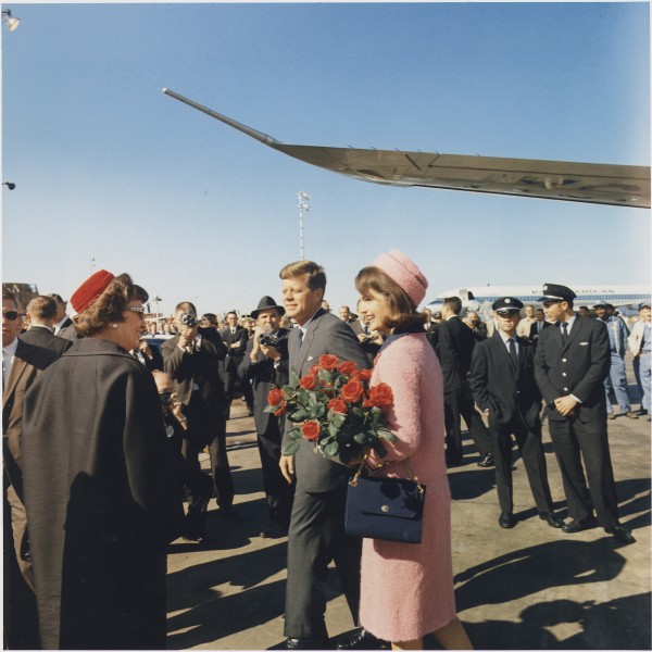 President and Mrs. Kennedy arrive at Dallas. President Kennedy, Mrs. Kennedy, others. Dallas, TX, Love Field. - NARA - 194273