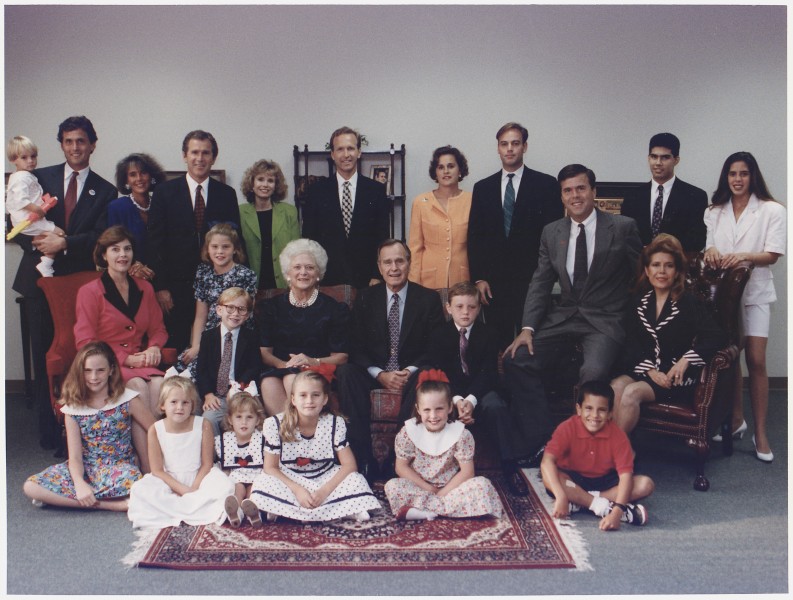 President and Mrs-1. Bush pose with their children, their spouses and grandchildren for a family portrait in Houston... - NARA - 186455