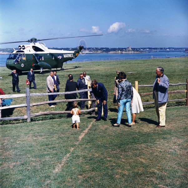 President Kennedy with John Jr. after arriving at Hammersmith Farm in Rhode Island, August 1962