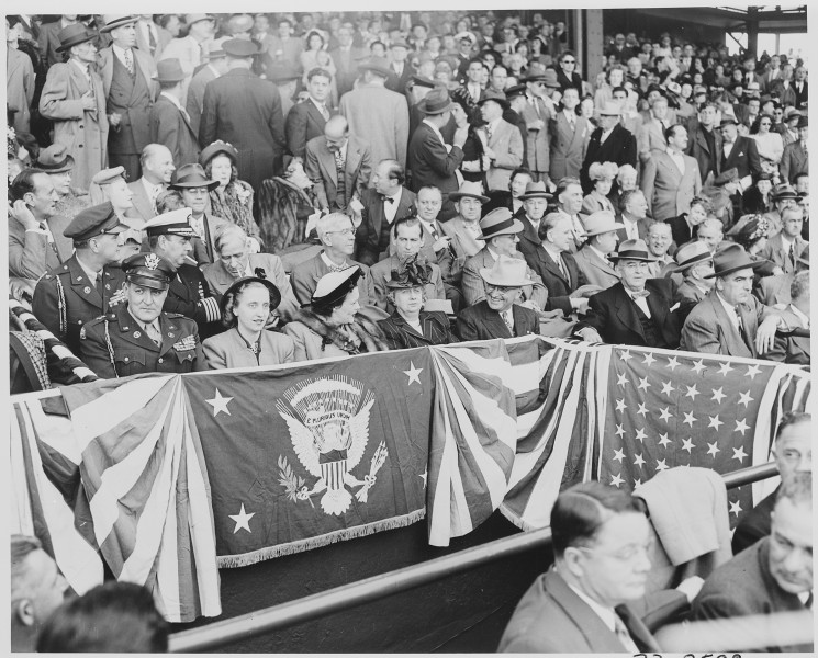 President Truman attends the first baseball game of the year at Griffith Stadium in Washington, D. C. The game is... - NARA - 199752