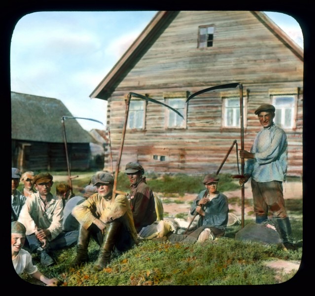 Saint Petersburg farmers in front of a house, near Leningrad