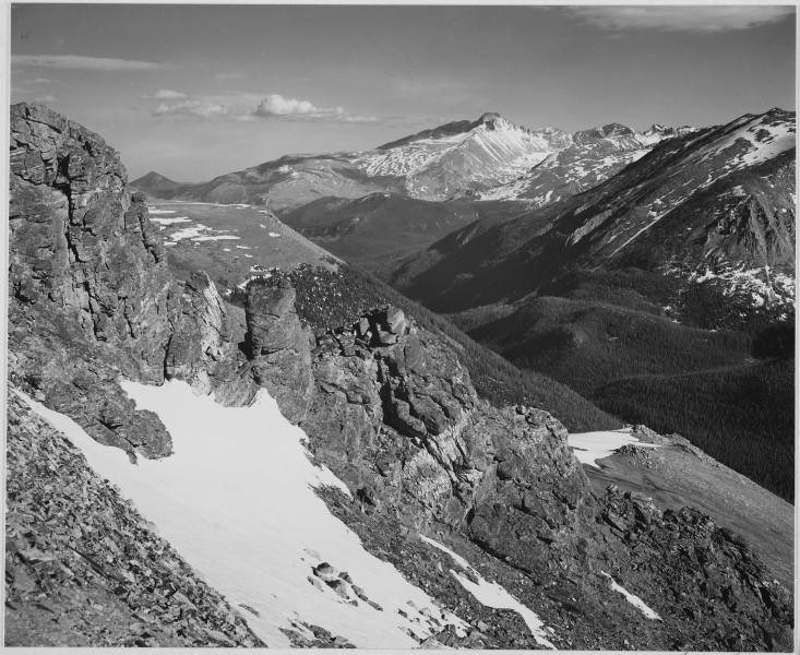 View of barren mountains with snow, 