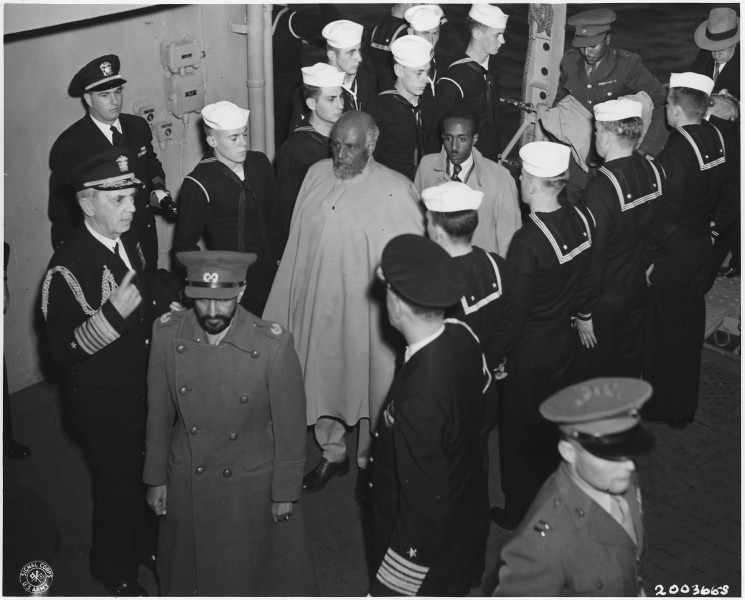 Visit of Emperor Haile Selassie of Ethiopia on USS Qunicy in Great Bitter Lake, Egypt. - NARA - 195823