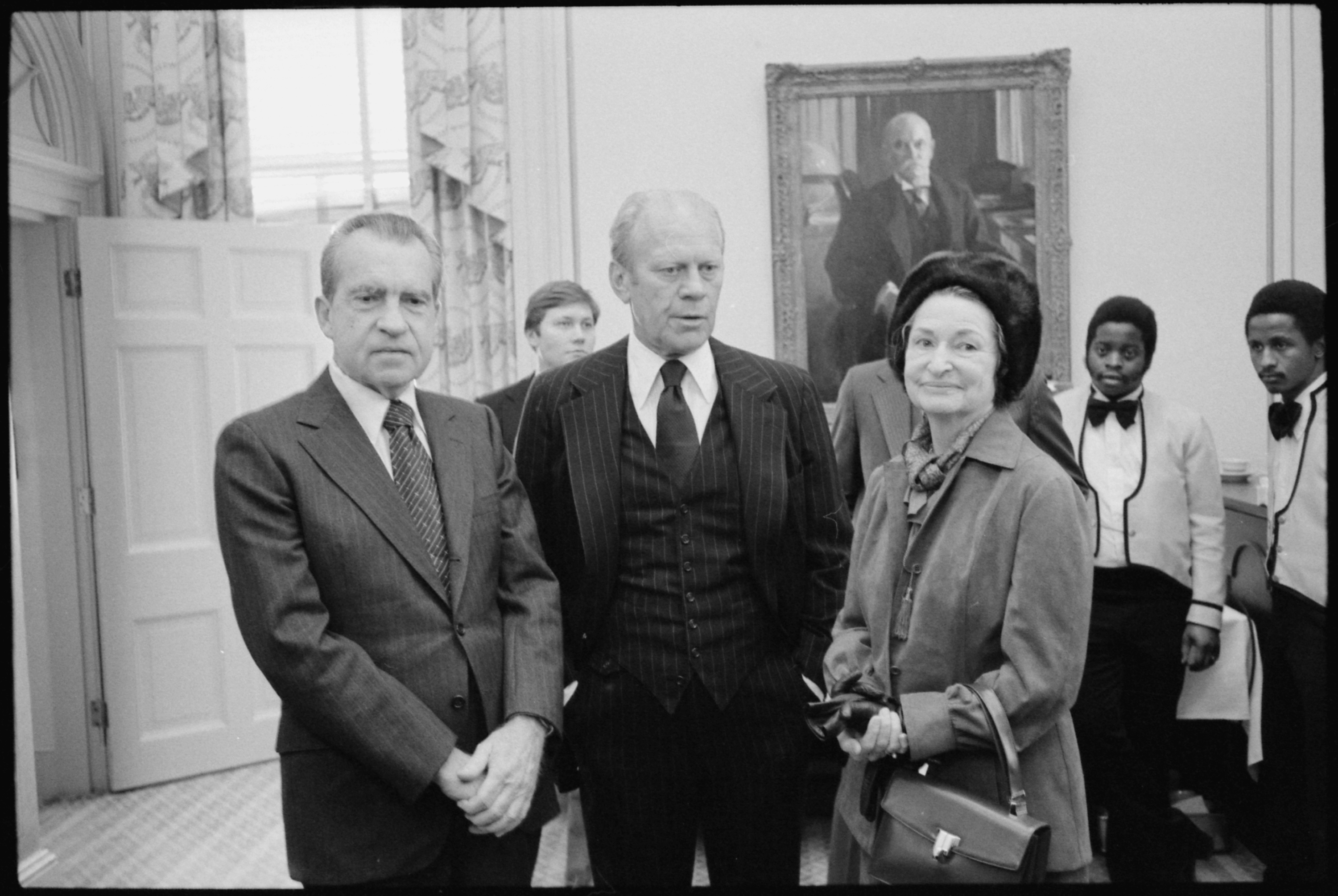 Richard Nixon, Gerald Ford and Ladybird Johnson meet at the White House during Hubert Humphrey's funeral. - NARA - 177594