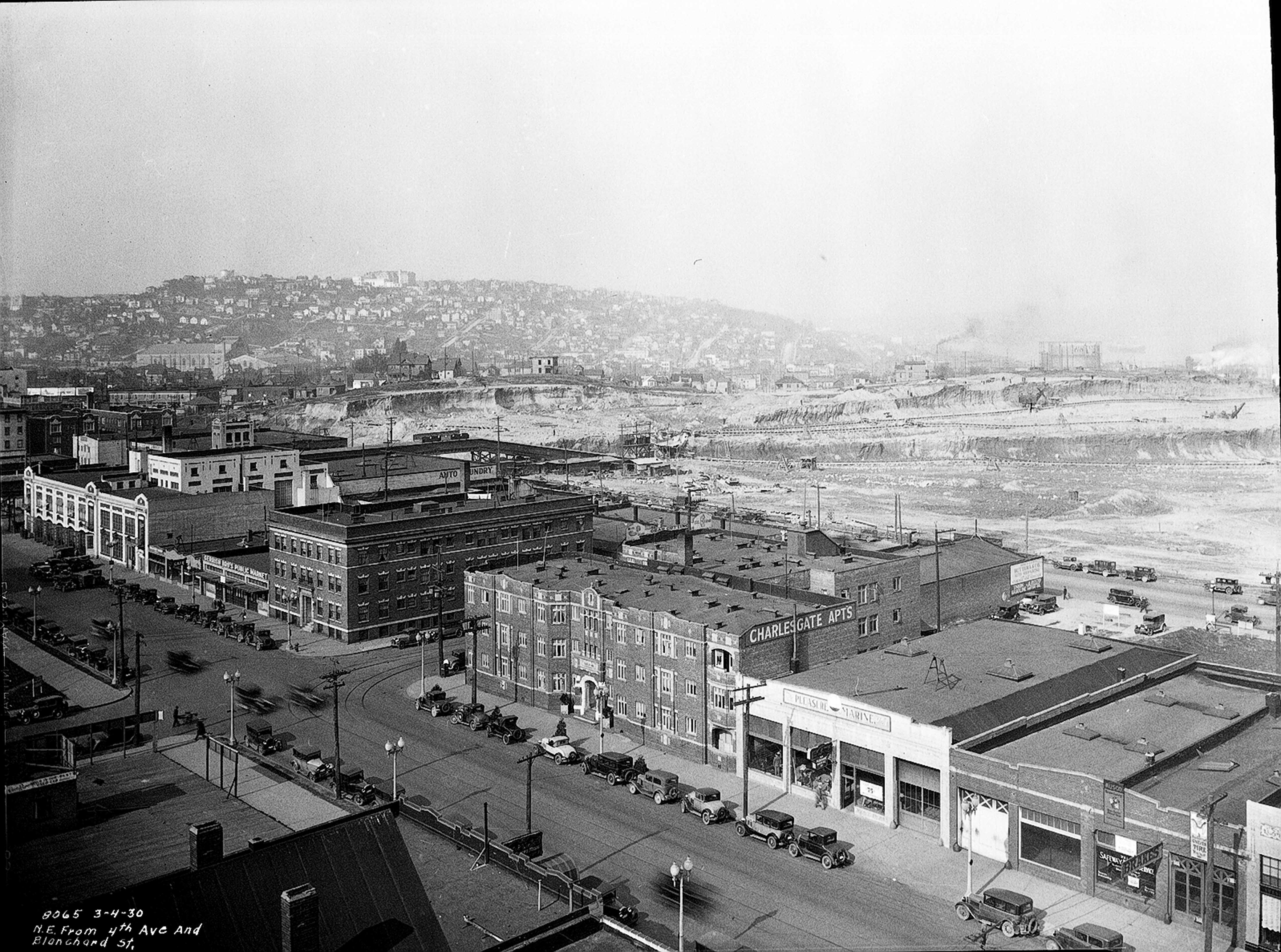 Seattle - Fourth and Blanchard during second Denny Regrade, 1930