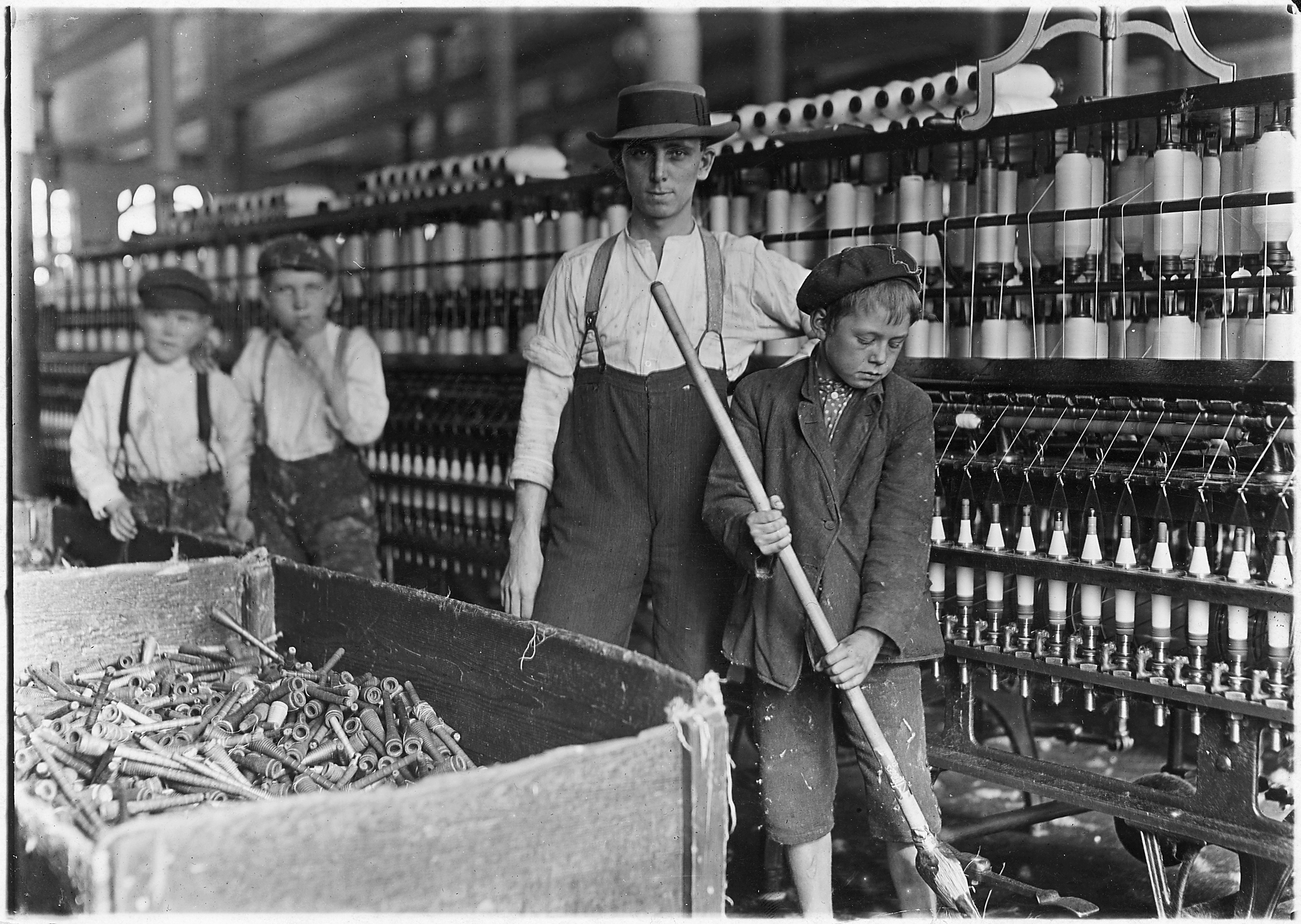 Sweeper and doffer boys in Lancaster Cotton Mills. Many more as small. Lancaster, S.C. - NARA - 523120