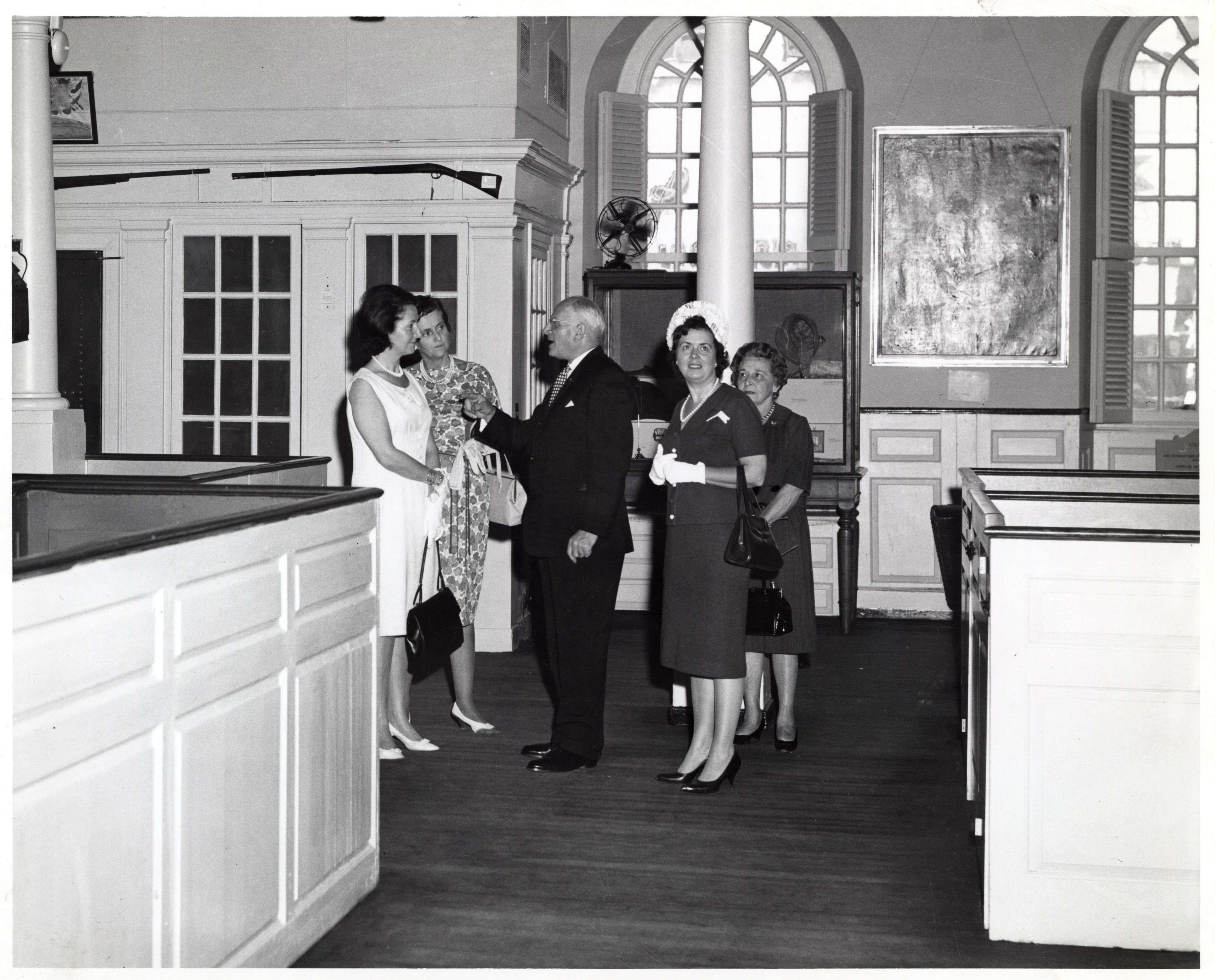Two unidentified women; Mark Bortman, Chairman of the Civic Committee of the People-to-People Program; Mary Collins; and Llora Bortman inside the Old South Meeting House (10426106273)