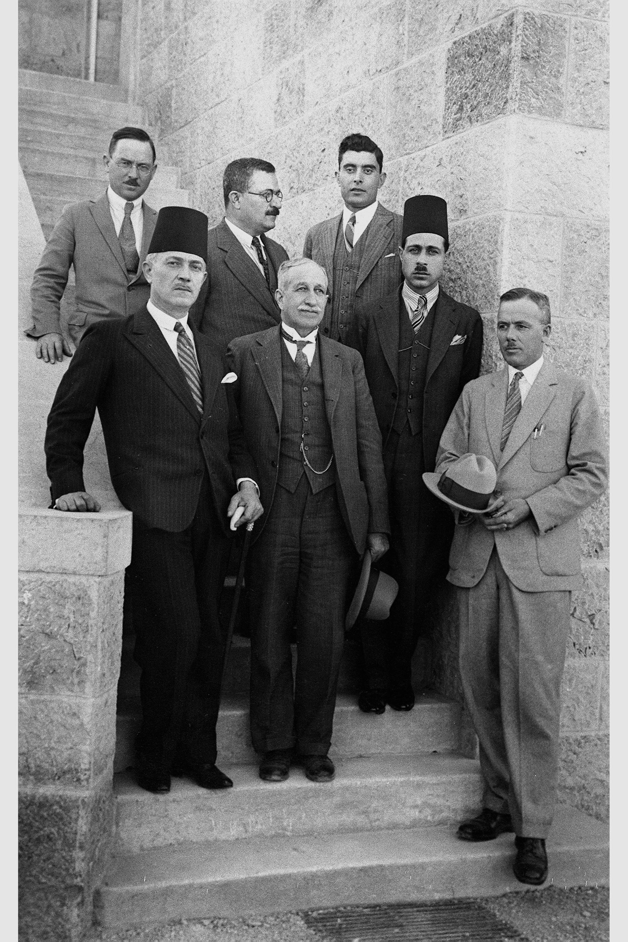 VISIT OF JERUSALEM'S MAYOR RAGEB NASHASHIBI AT THEY.M.C.A.'S CONSTRUCTION SITE. L-R DOWN, RAGEB NASHASHIBI, MR SALAMEH, FAHRI NASHASHIBI & MR ADAMSON.D635-112