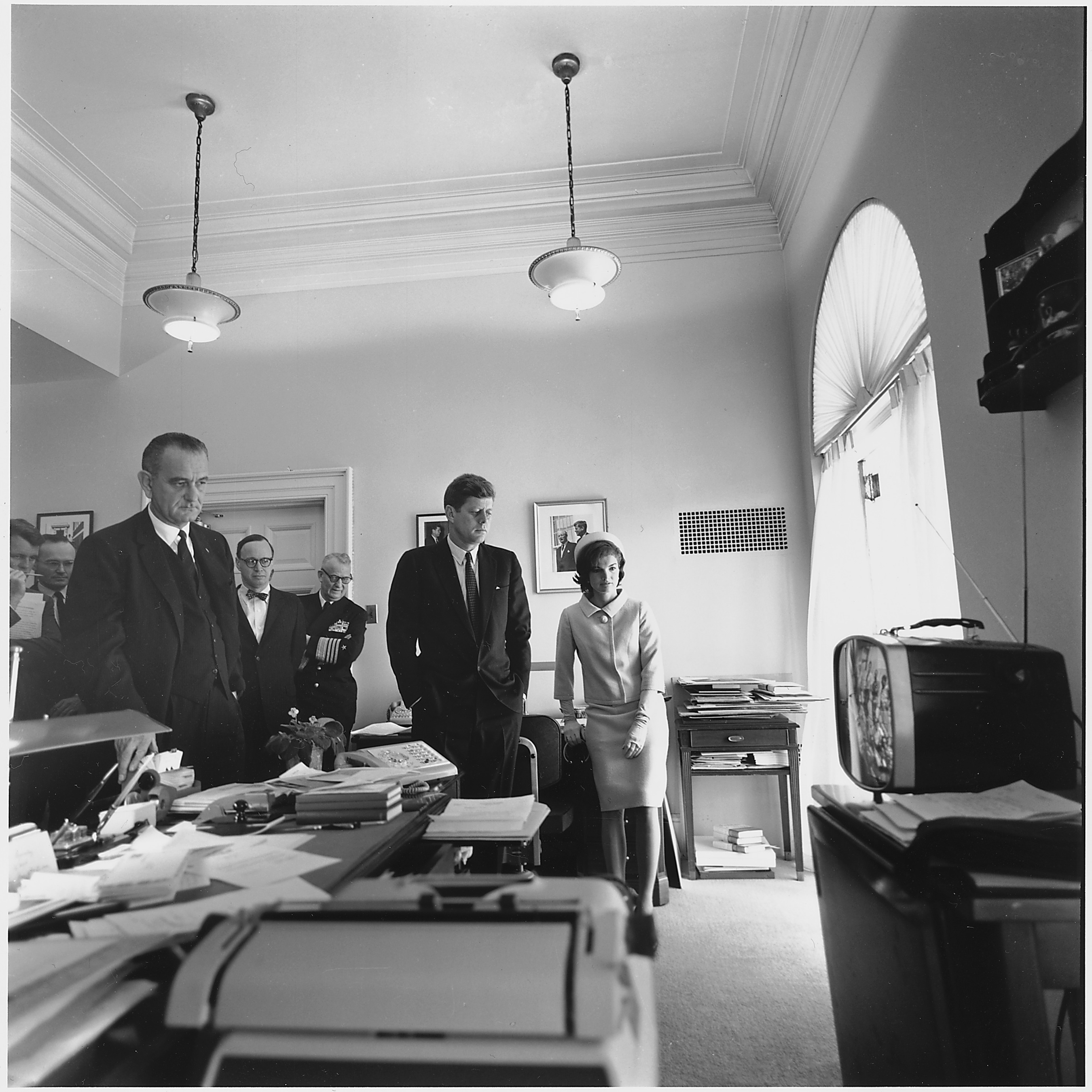 Watching flight of Astronaut Shepard on television. Attorney General Kennedy, McGeorge Bundy, Vice President Johnson... - NARA - 194236