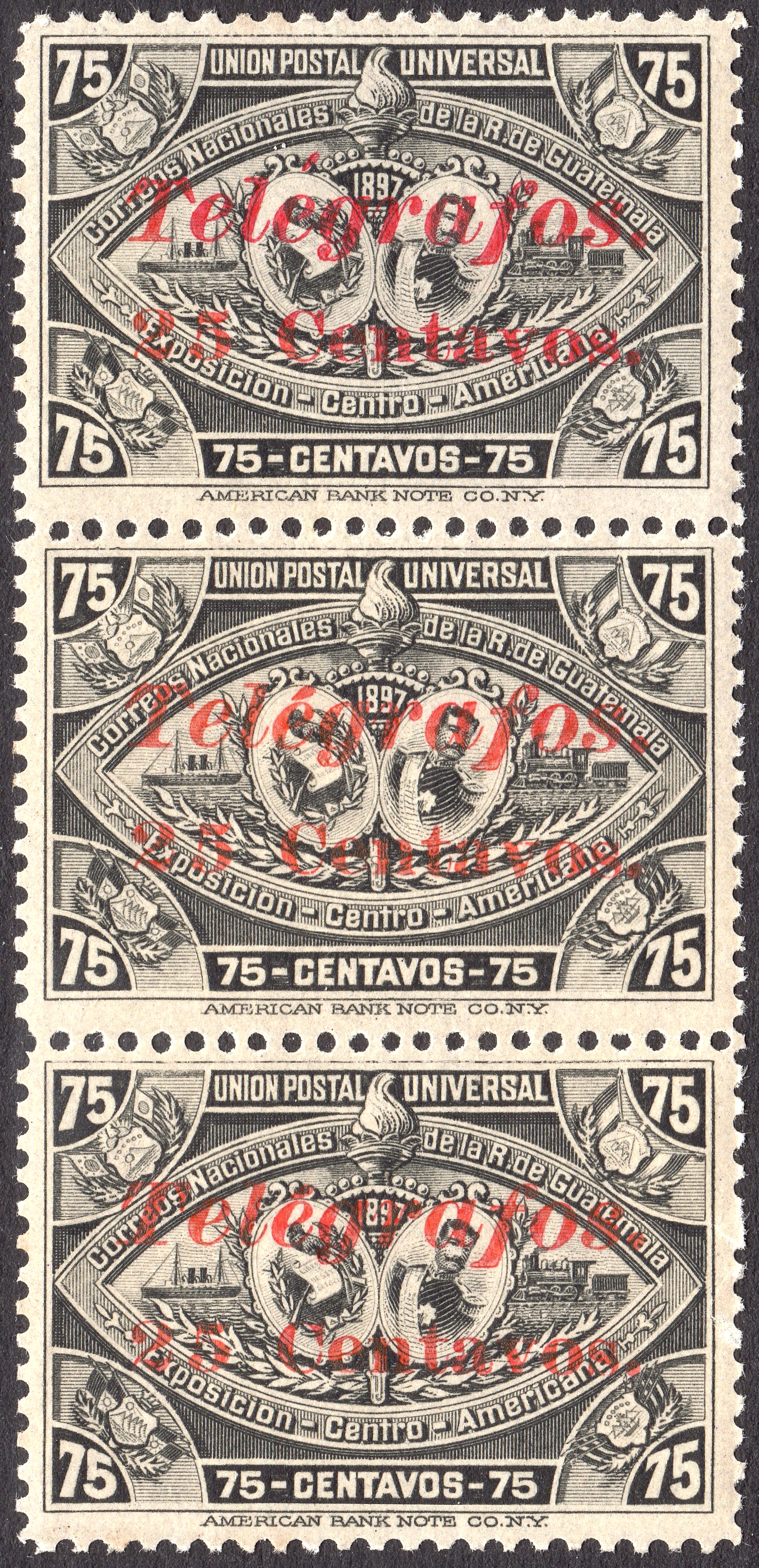 Guatemala 1898 telegraph stamps showing raised accent (top) and different shaped T (bottom)
