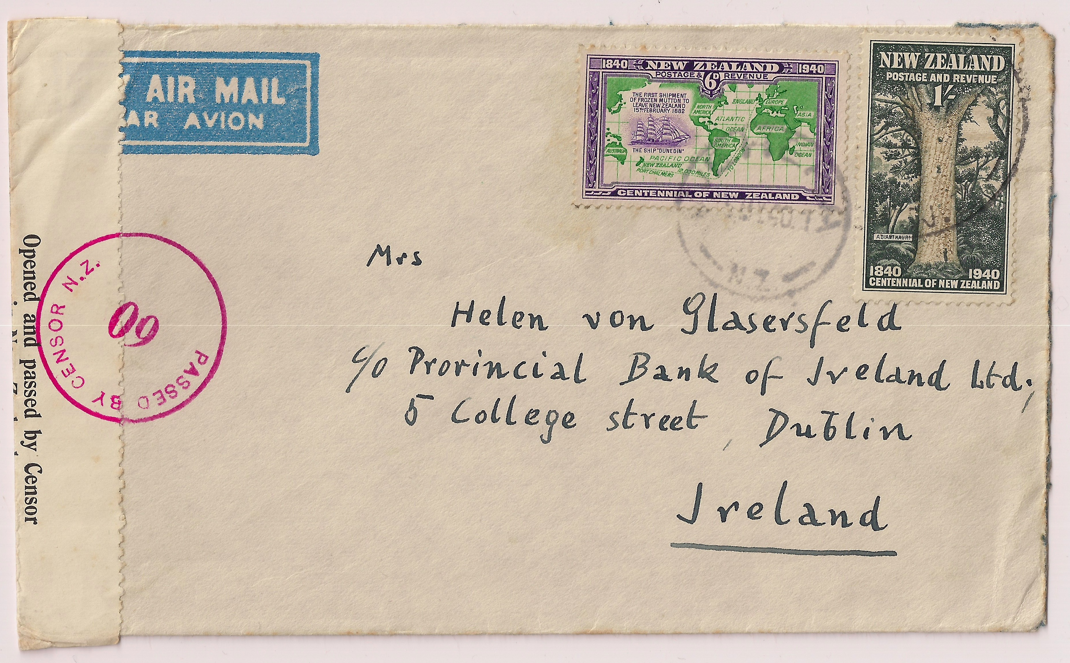 NZ-1940 horseshoe route airmail censor to Ireland