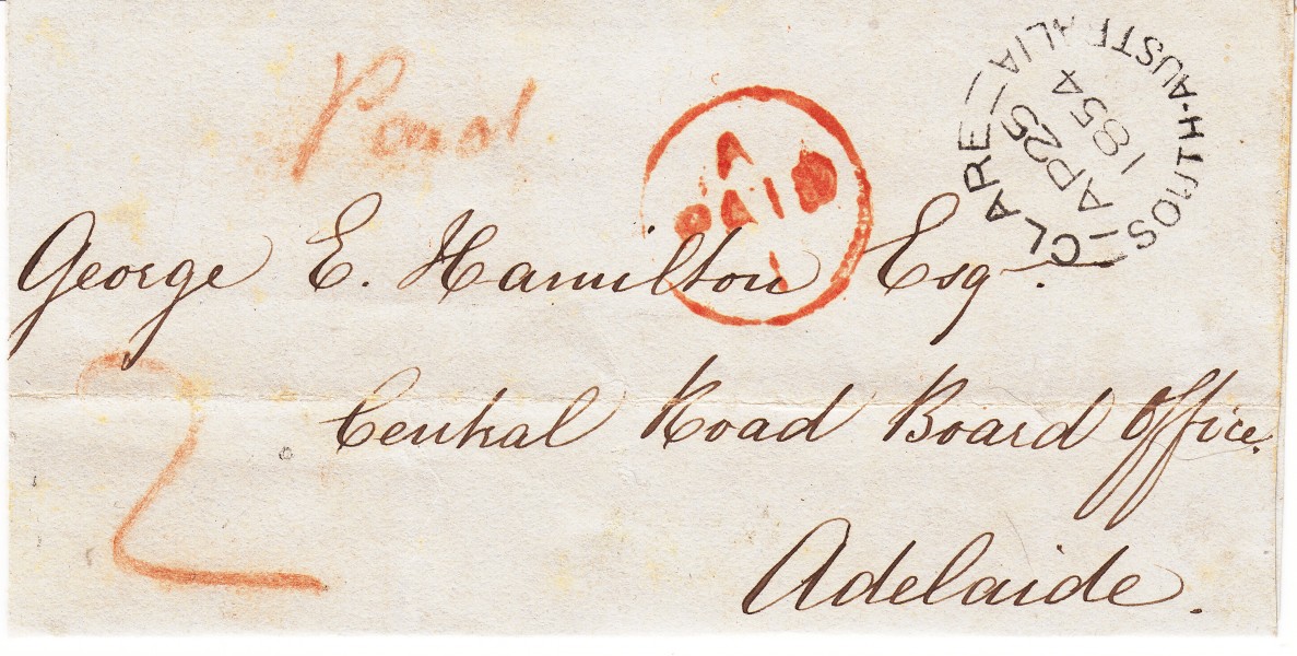 1854 prestamp cover Clare to Adelaide