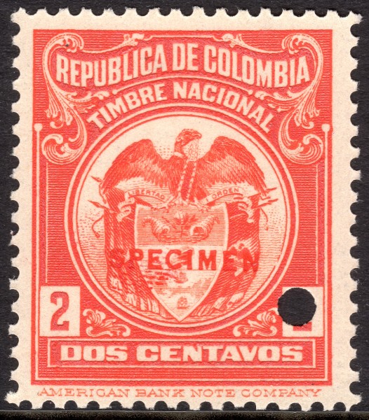1916 2c Colombia specimen revenue stamp