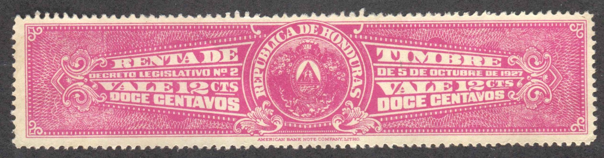 1927 12c Renta de Timbre revenue stamp of Honduras