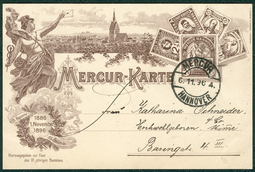 A. Harbers & Brager Mercur-Karte Herausgegeben zur Feier des 10-jährigen Bestehens 1. November 1896 15 85 Beamte Bildseite