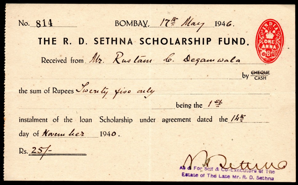 India 1946 receipt impressed duty stamp