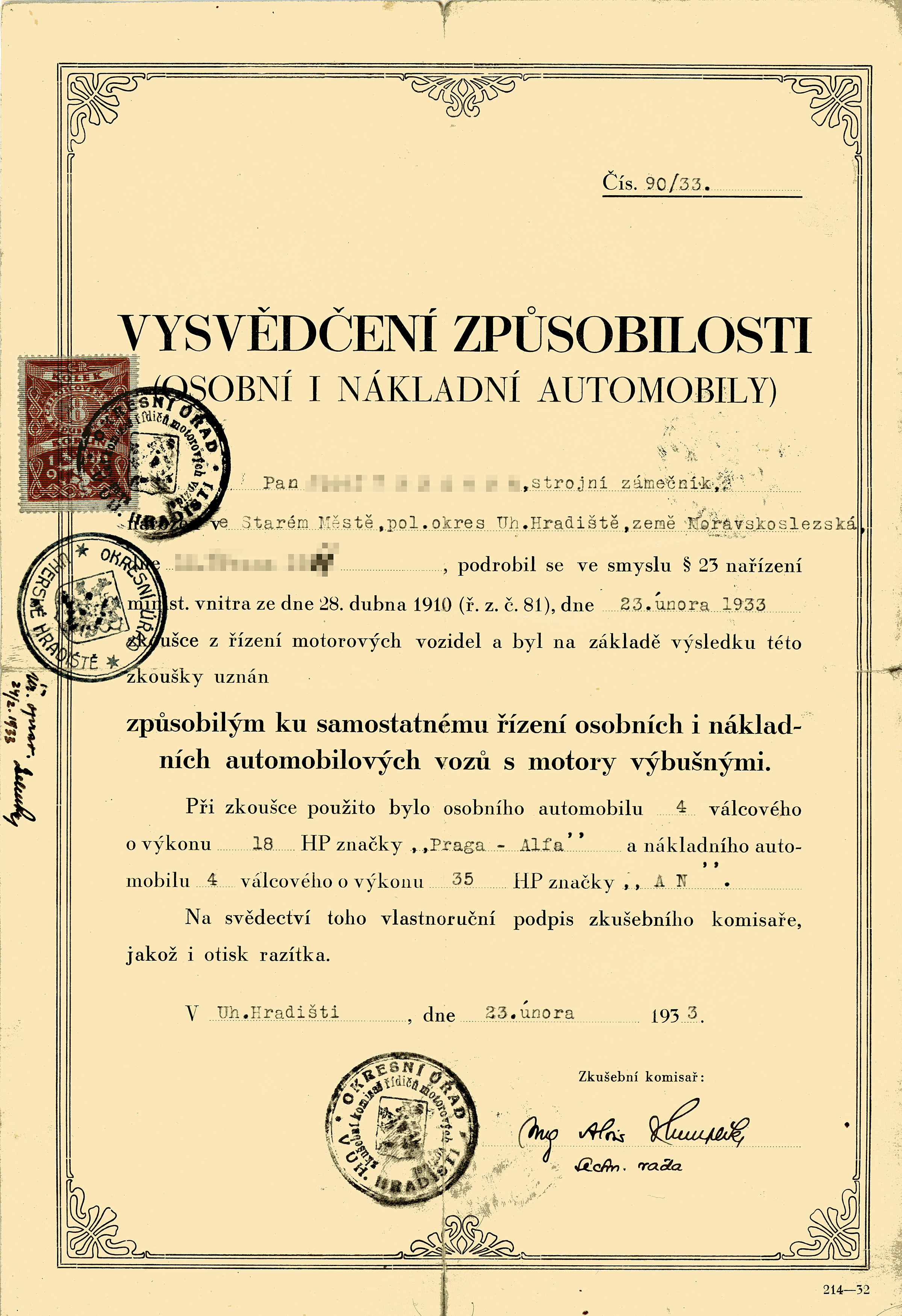 Vysvědčení způsobilosti 1933