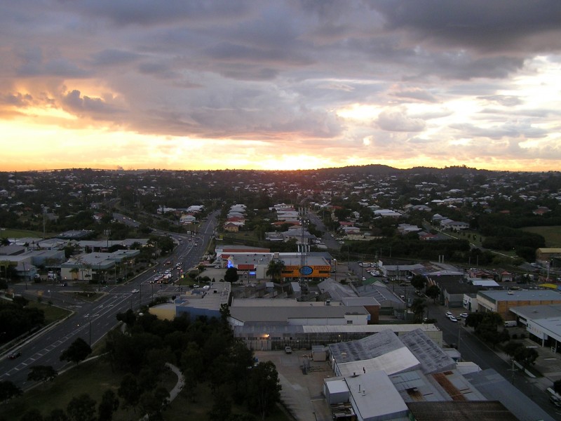 Brisbane seen from air, sunset