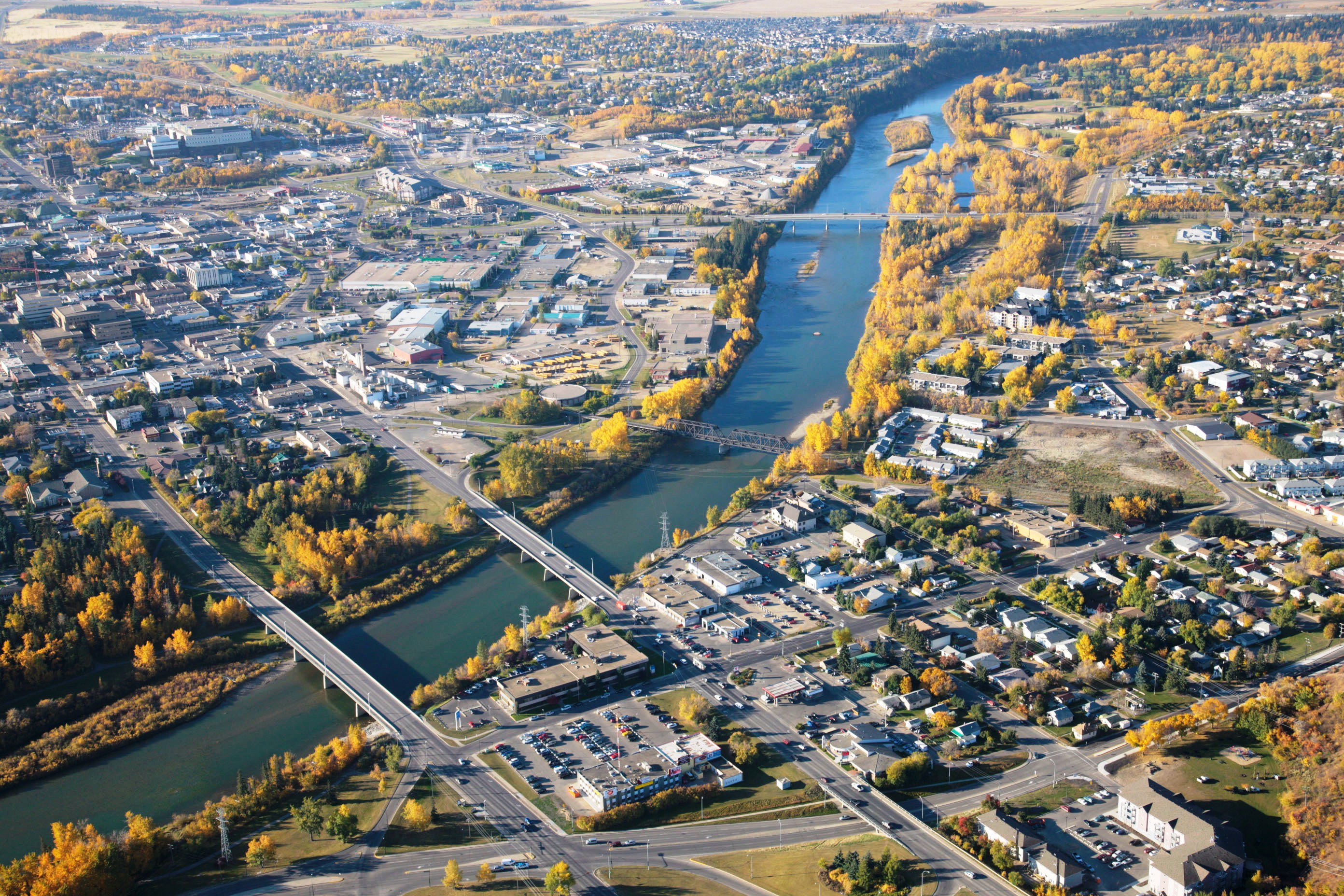 Red Deer - Aerial - downtown bridges
