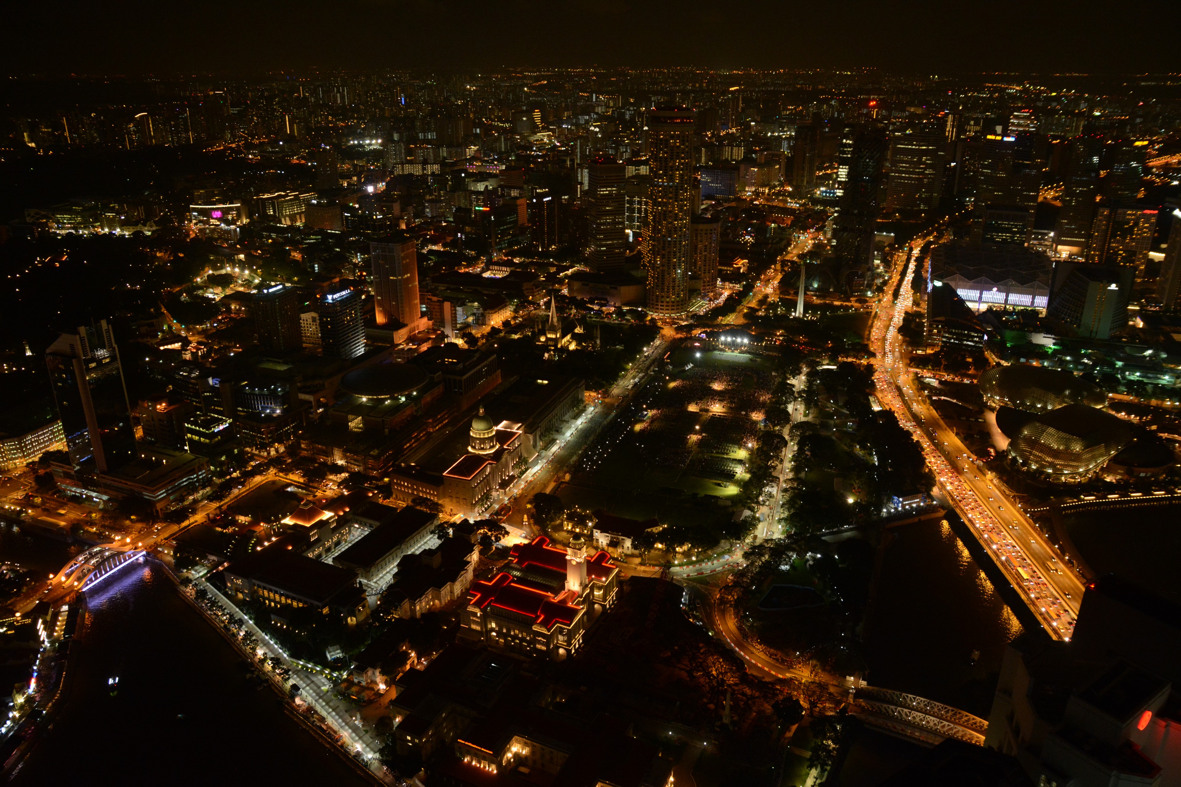 Aerial view of the Civic District, Singapore, at night from One Raffles Place - 20150327
