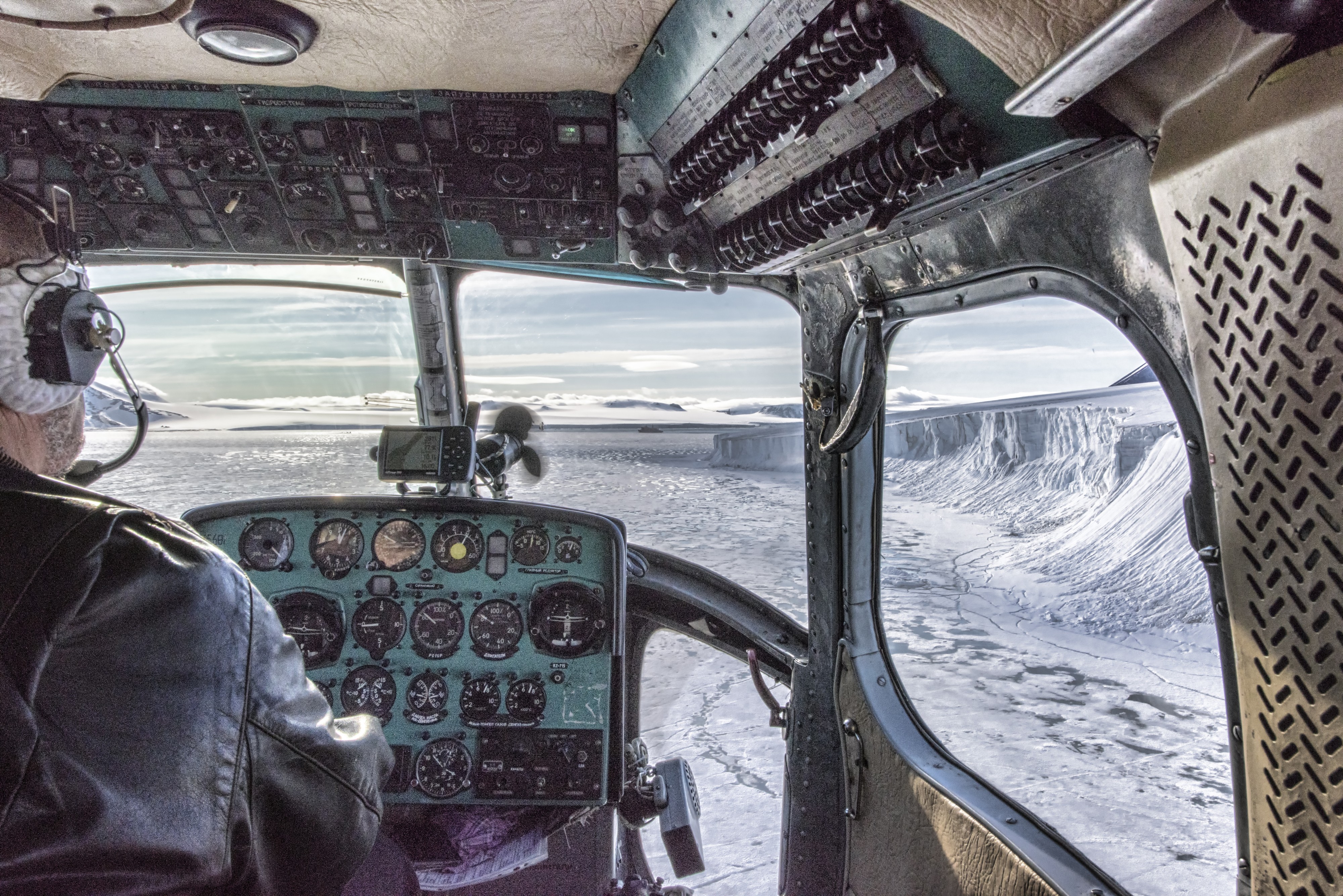 View of Franz Josef Land from a Konvers-Avia Mil Mi-2 helicopter