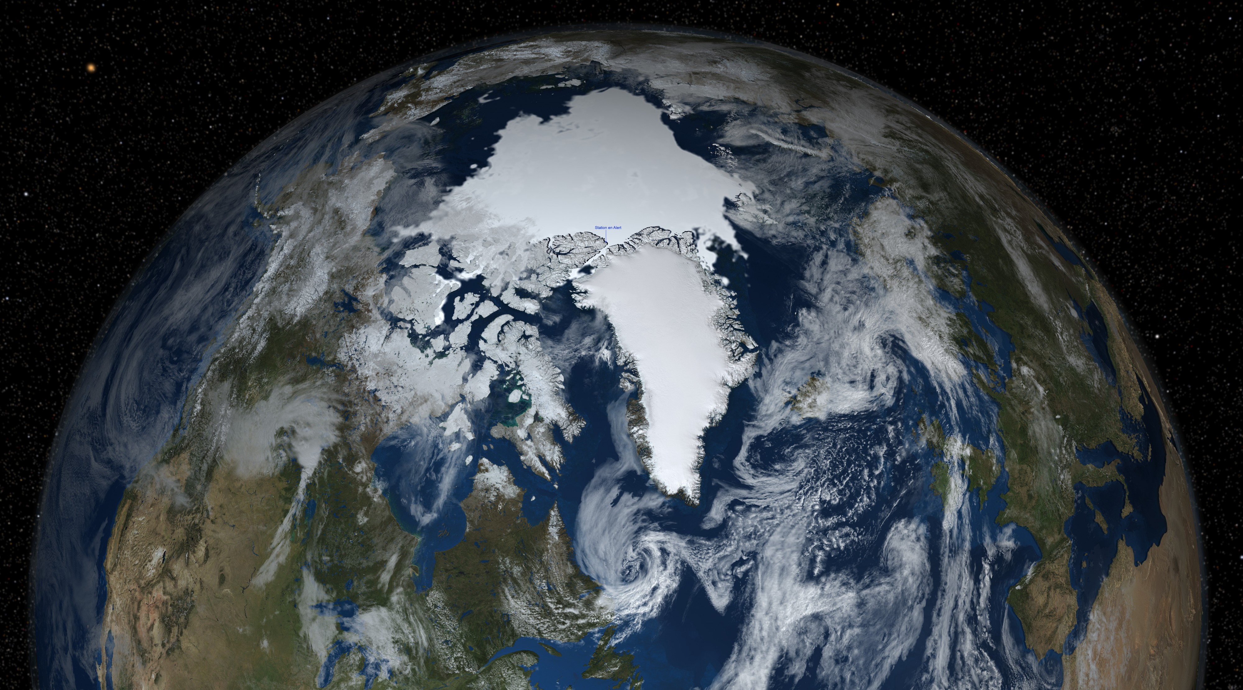 L'hémisphère nord de la Terre avec la banquise, nuage, étoile et localisation de la station météo en Alert