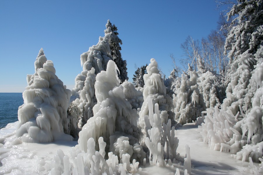 Ice covered trees on the shore of Lake Superior