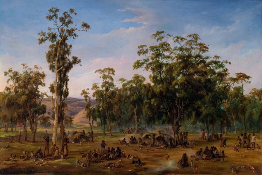 Alexander Schramm - An Aboriginal encampment, near the Adelaide foothills - Google Art Project