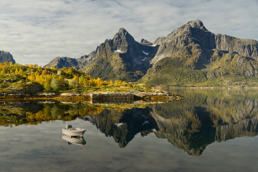 Boat with autumny mountains at Digermulen, Hinnøya, Norway, Norway, 2015 September