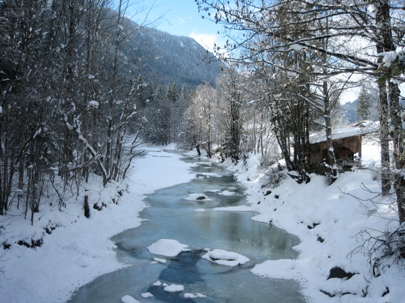 The Jachen stream on a sunny winter day (Bavaria, Germany)