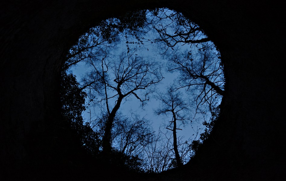 Tournai, BE (DSCF5154) Looking up from a 19th century lime kiln during civil twilight
