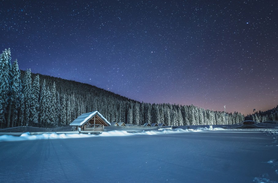 Winter cottage at night at Pokljuka