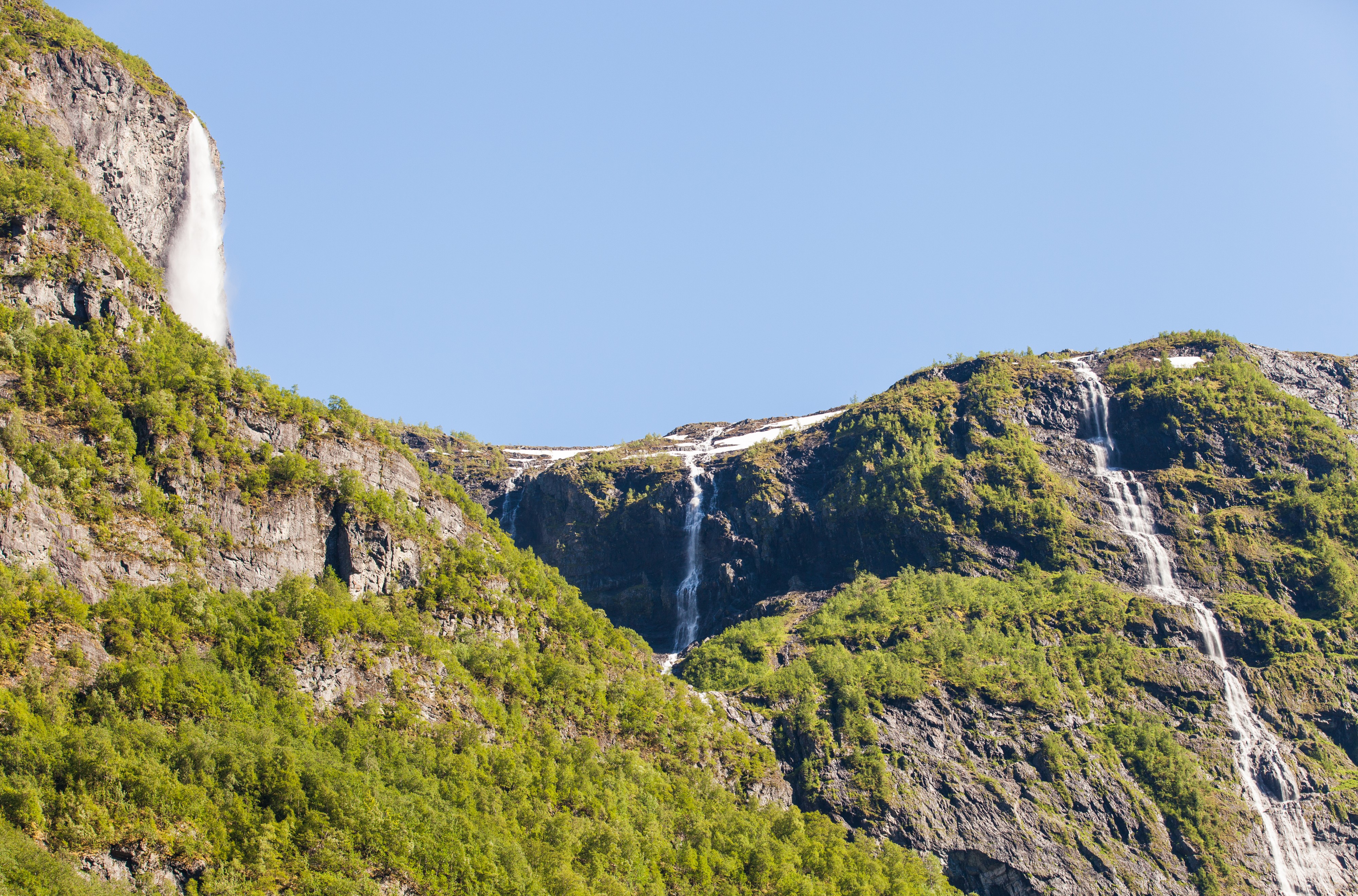 waterfalls falling into a branch of the Sognefjord, Norway, near Flåm, June 2014, picture 103
