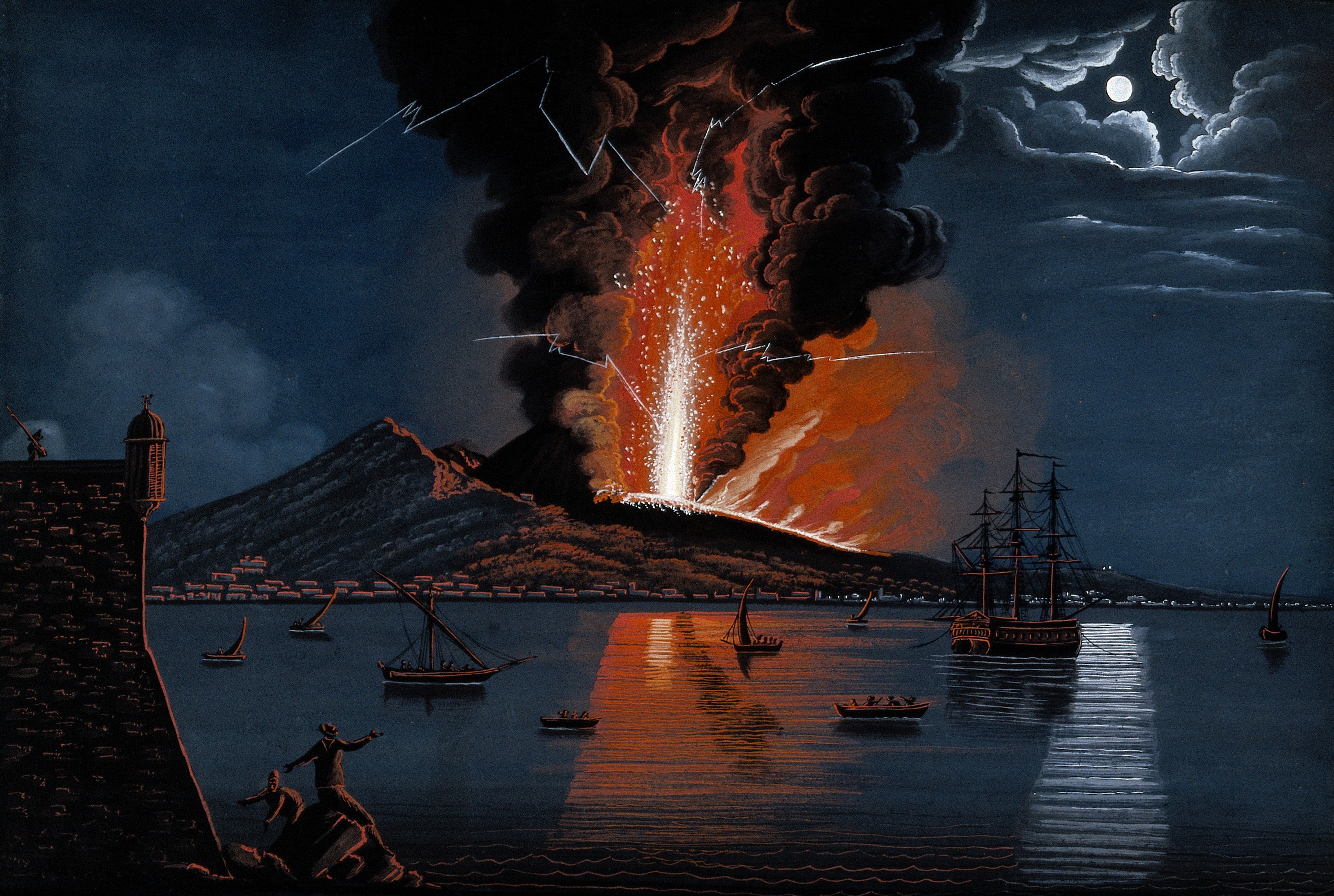 Mount Vesuvius erupting violently at night over the bay of N Wellcome V0025240