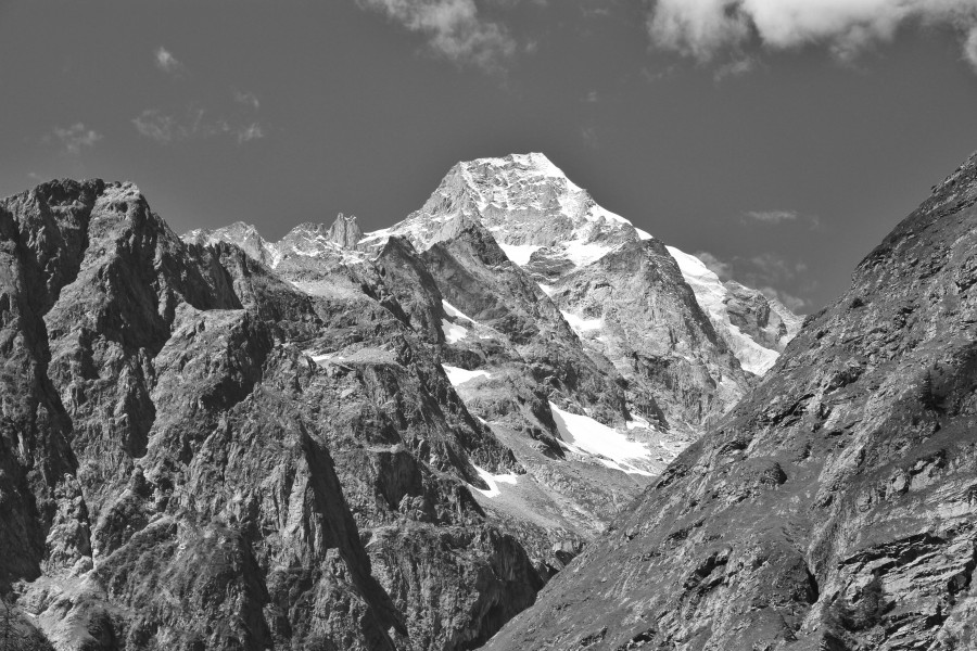 Mont Dolent from Swiss Val Ferret, 2010 August, bw