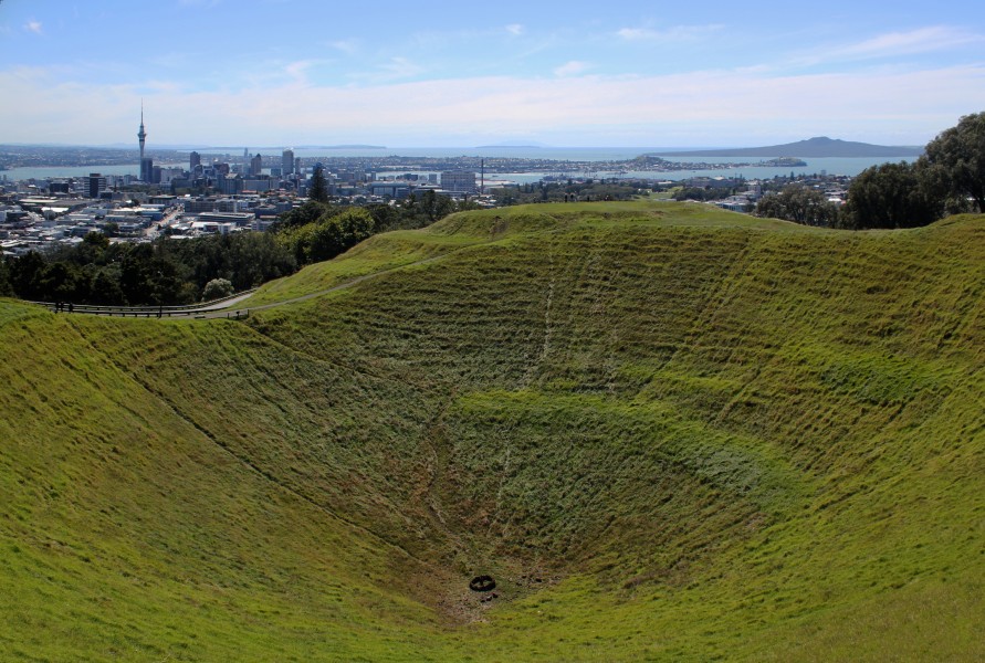 Mount Eden crater with Auckland CBD and Rangitoto skyline