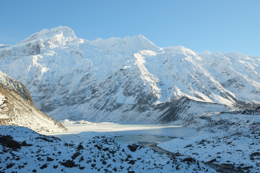 Mt Sefton and The Footstool behind frozen Mueller Glacier Lake in winter