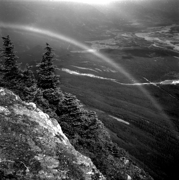 Rainbow over Snaring River as seen from Jasper Palisade, Jasper National Park (19947566986)