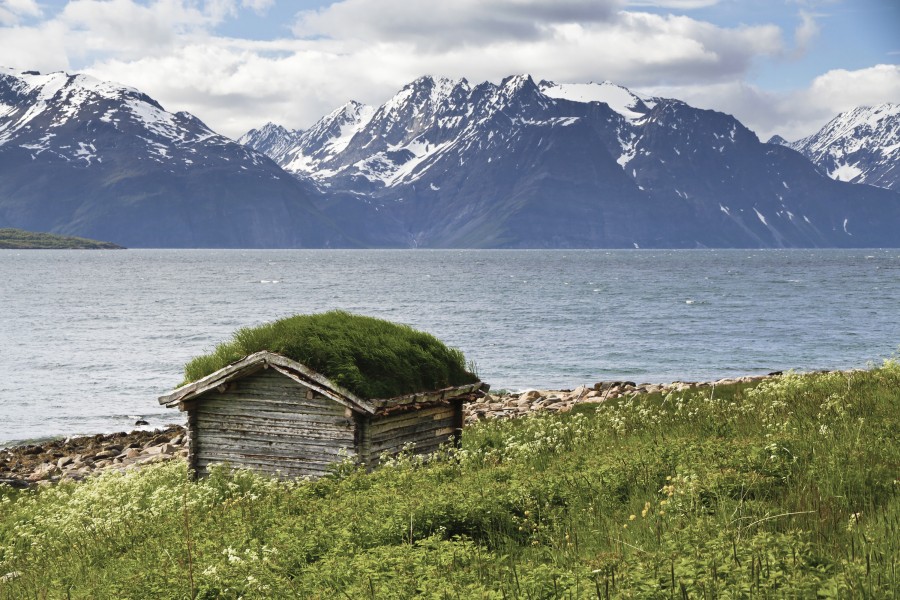 Shed with green roof at Lyngen fjord, 2012 June